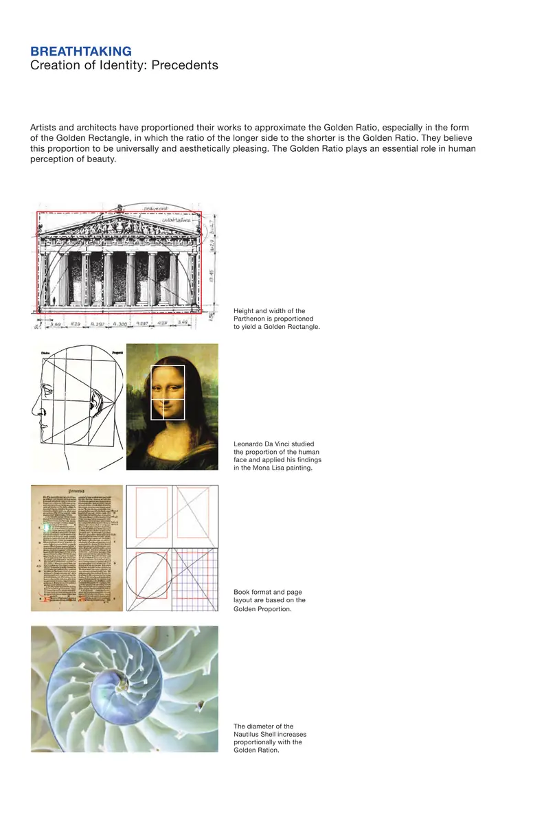 Pagina 18, Creation of Identity: Precedents. Vier afbeeldingen onder elkaar, elk met rechthoeken en lijnen van de gulden snede erover: het Parthenon, een schets van een gezicht naast de Mona Lisa, een oude gedrukte boekpagina en een doorgesneden nautilusschelp.