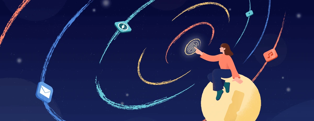 1Password illustration: a figure orbiting a planet in space