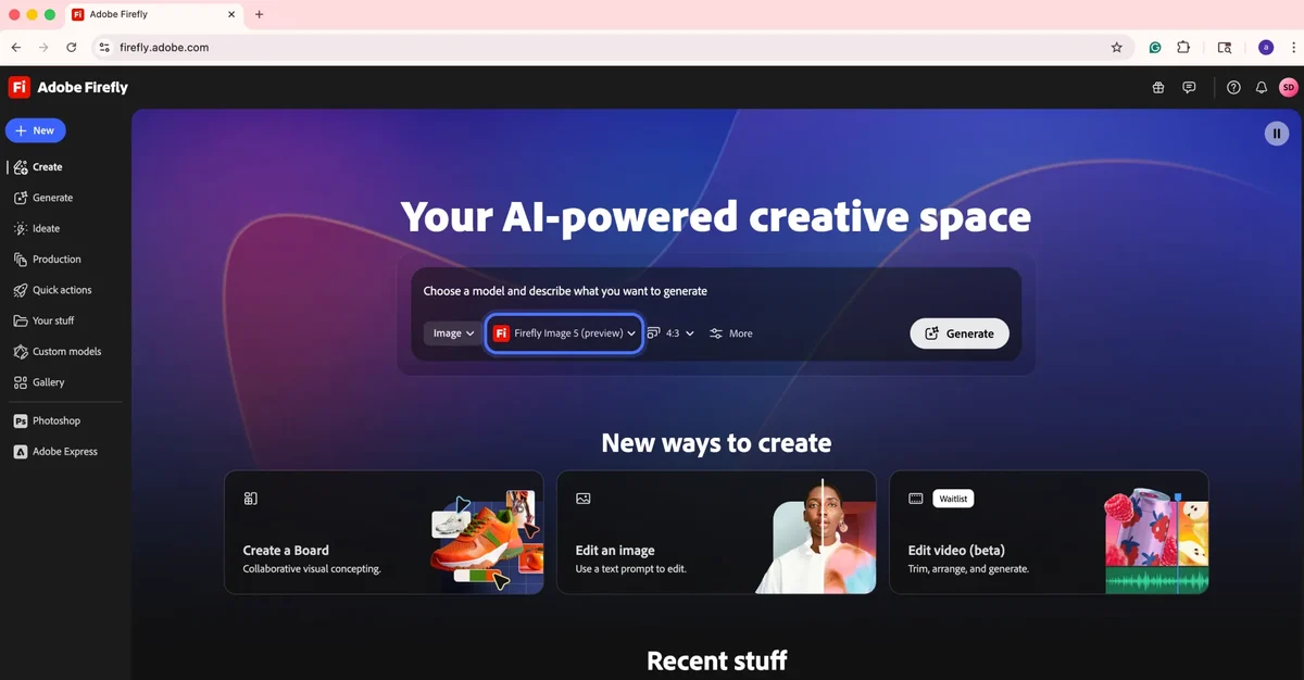Adobe Creative Cloud home screen: 'Your AI-powered creative space'