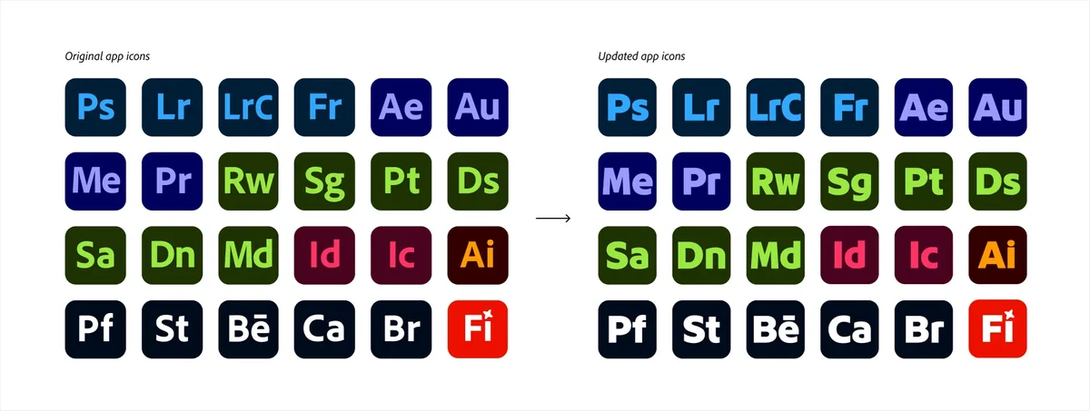 Adobe app icon family on light and dark