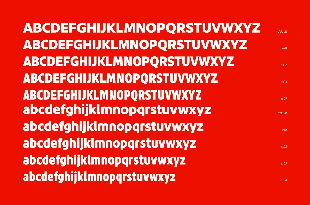 Adobe Clean Display alphabet in white on red
