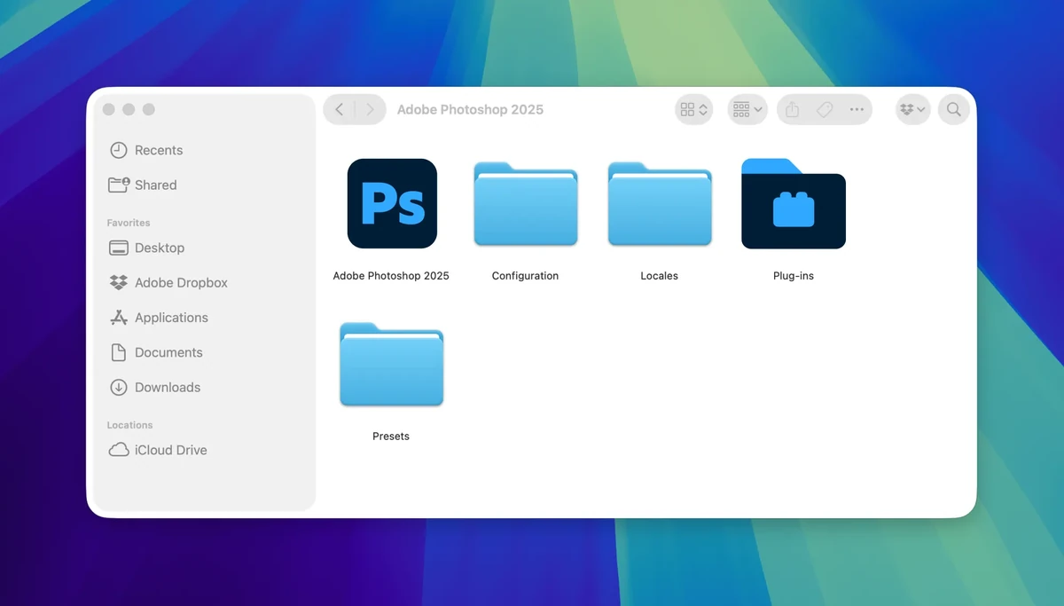 Adobe app icons in a desktop folder window
