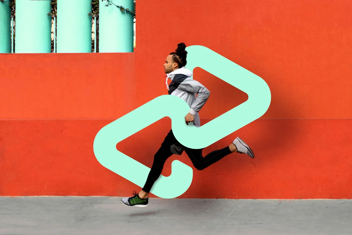 Runner jumping with a mint Afterpay arrow on orange