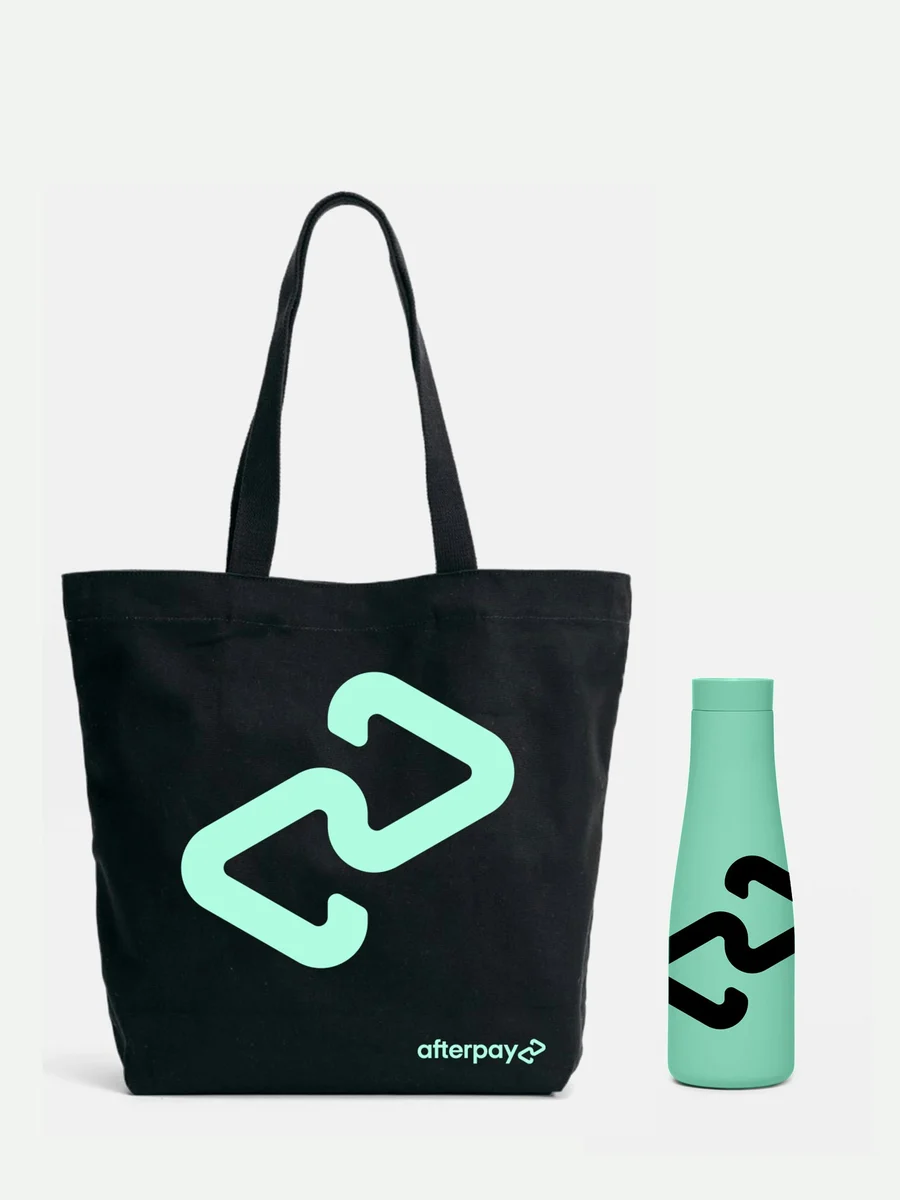 Black Afterpay tote bag and bottle