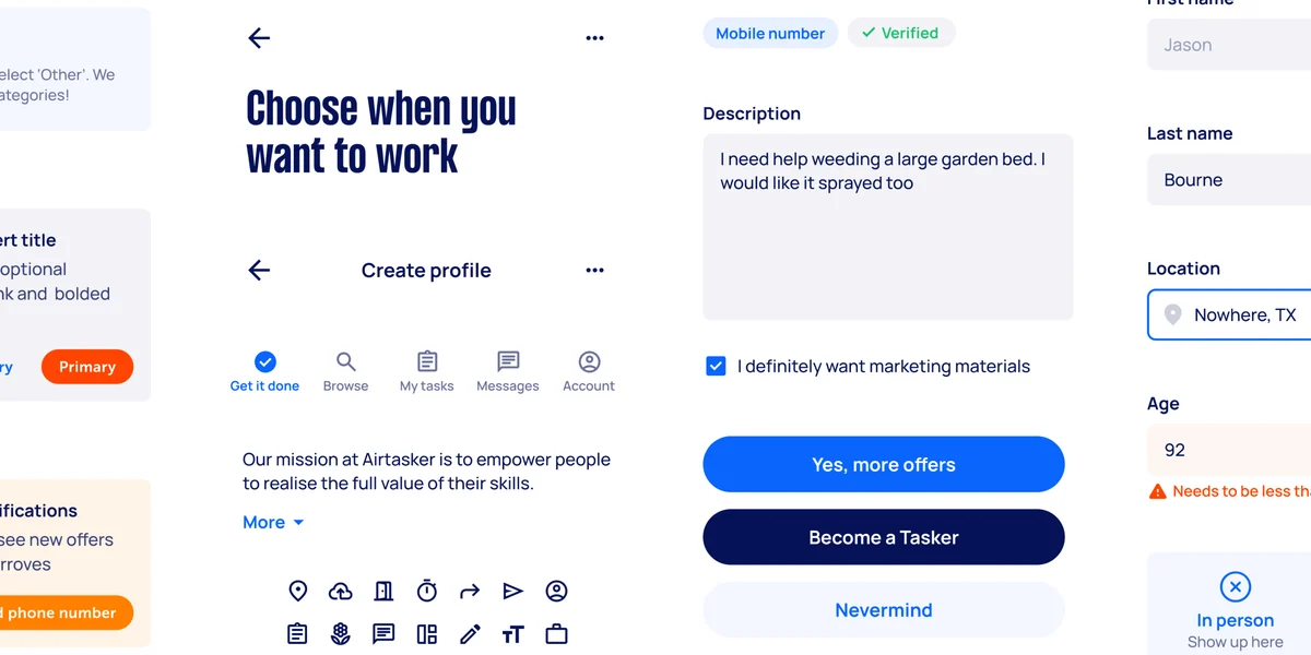 Airtasker task posting UI: 'Choose when you want to work'