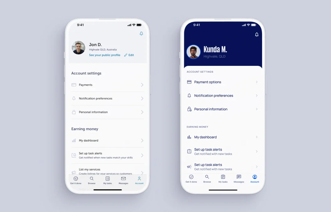 Two phones showing Airtasker profile and task screens