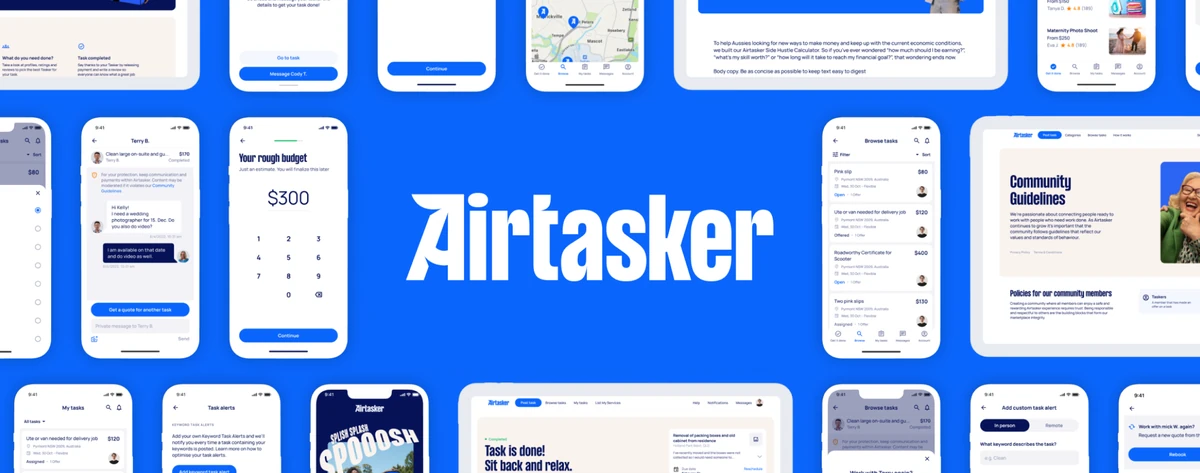 Airtasker wordmark among app screens on blue