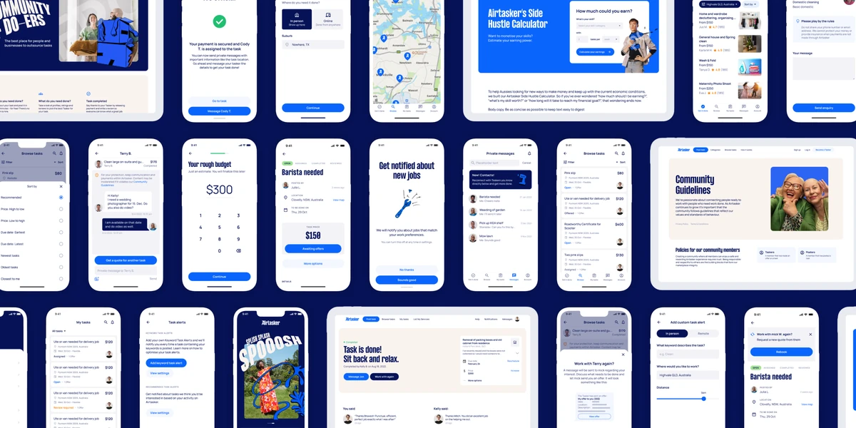 Grid of Airtasker app screens on dark blue