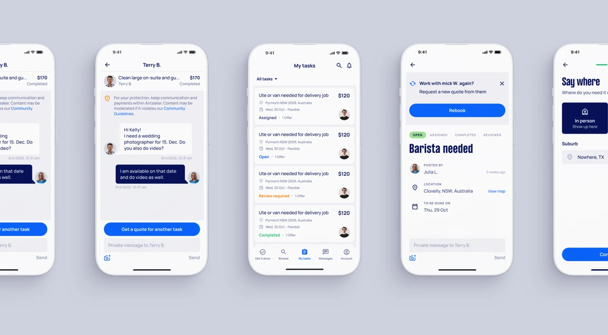 Row of Airtasker app screens