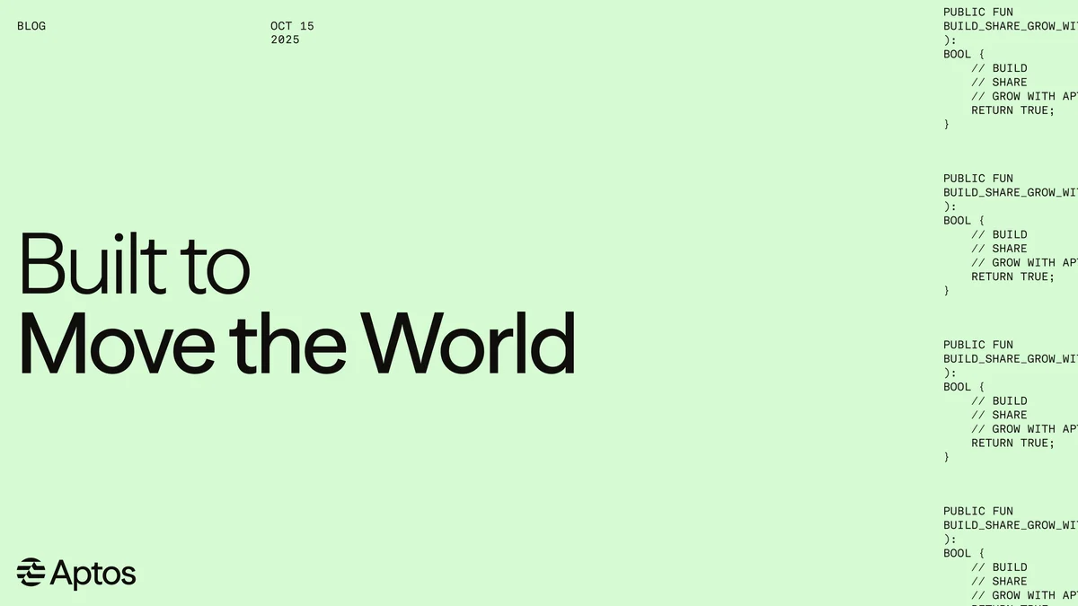 Aptos announcement card: "Built to Move the World" on mint green