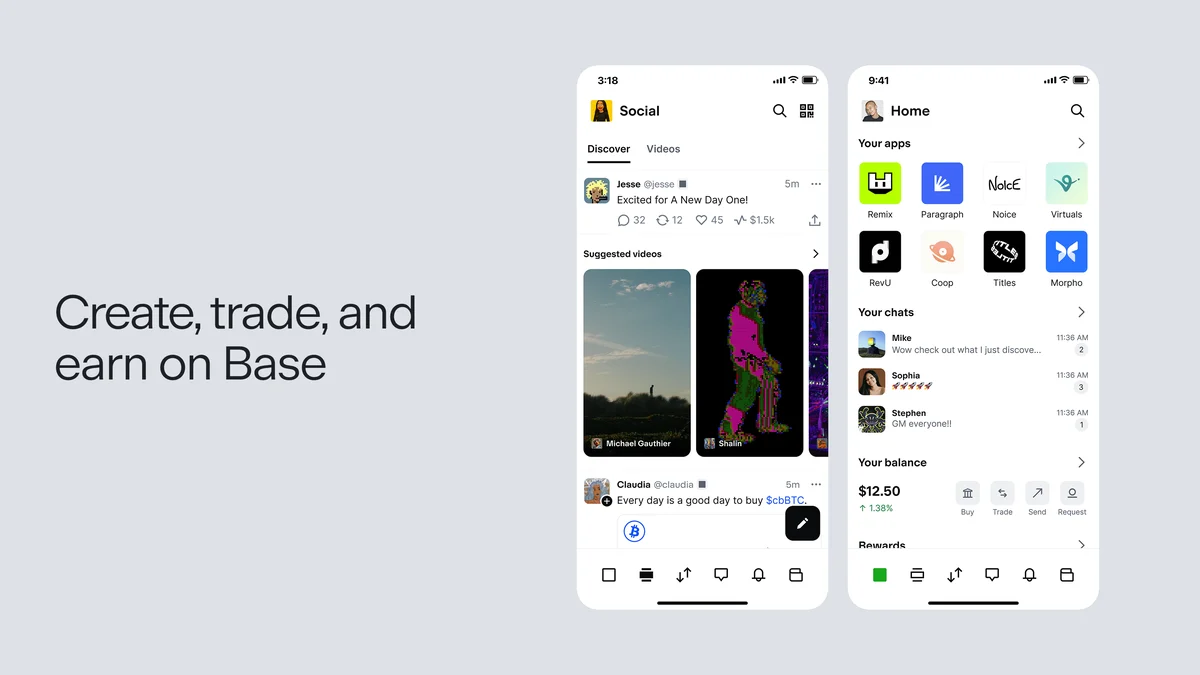 Base-appschermen: 'Create, trade, and earn on Base'