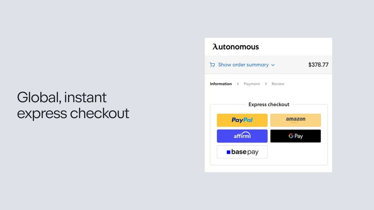 Base 'Global, instant express checkout' UI