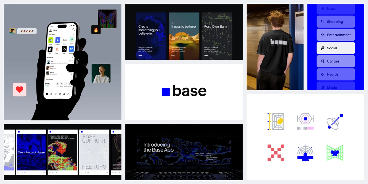 Merkoverzicht van Base: appschermen, merch en iconenset