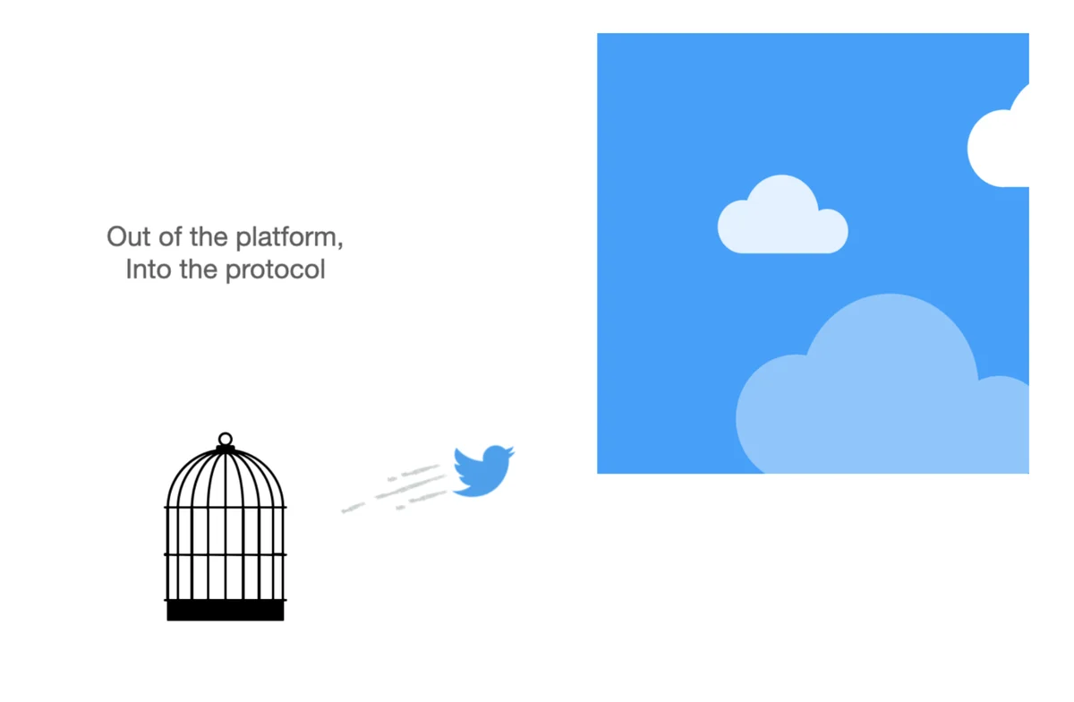 Bluesky illustration: a bird leaving its cage, 'Out of the platform, into the protocol'