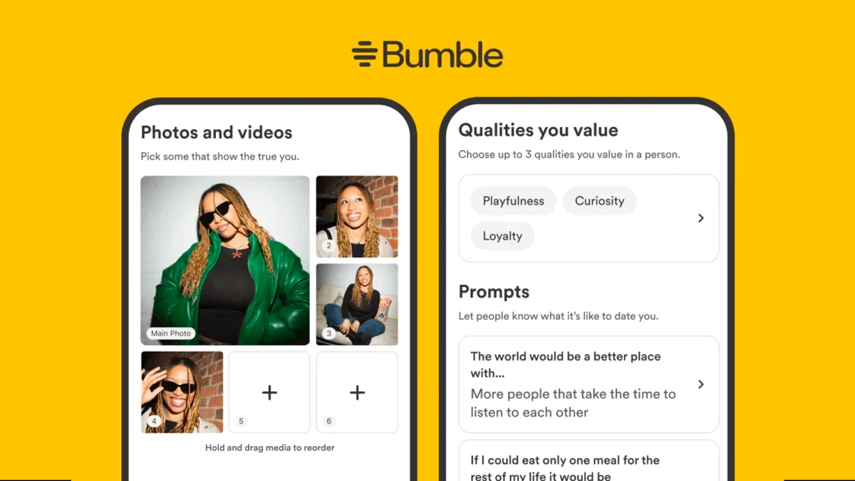 Bumble photo and verification screens on yellow