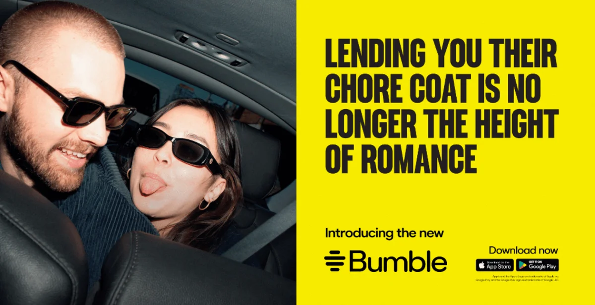 Bumble ad: 'Lending you their chore coat...' with a couple