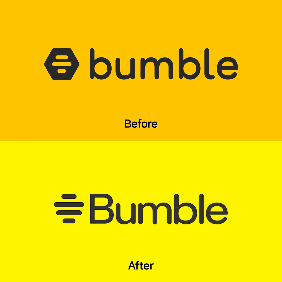 Bumble logo before and after on yellow