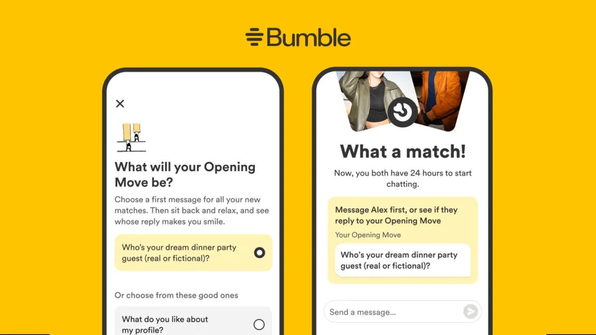 Bumble profile prompt screens on yellow