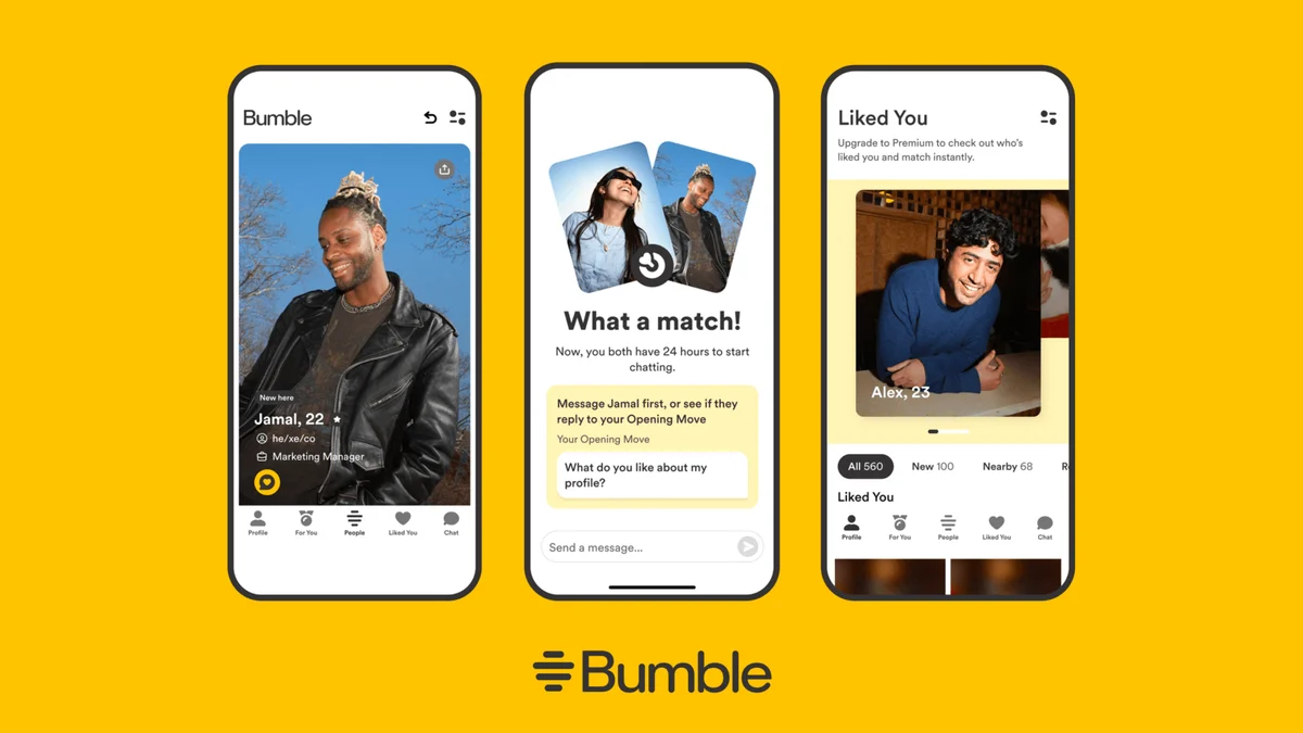 Bumble app screens on yellow