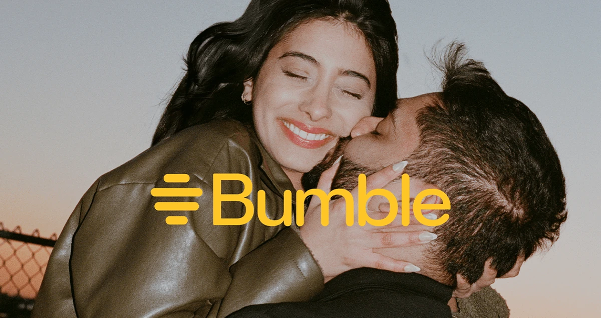 Bumble wordmark over a couple embracing