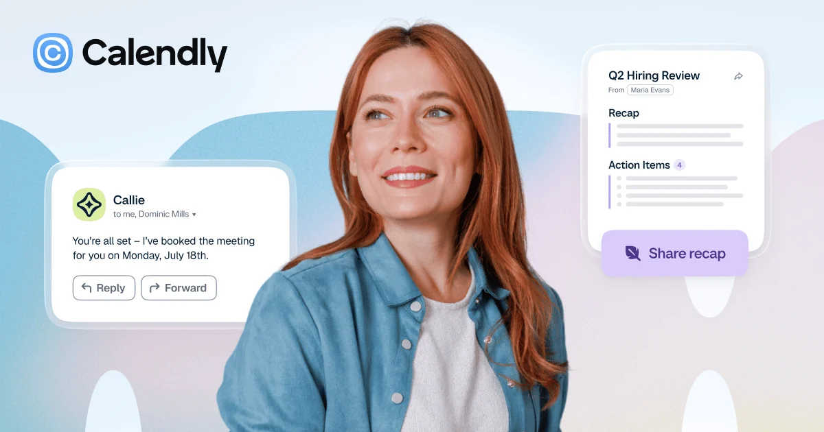 Calendly scheduling UI card next to a smiling woman on a pale blue background