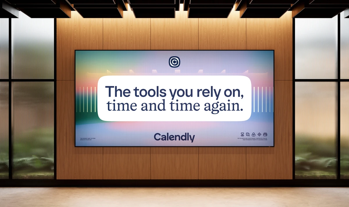 Calendly screen in a wood-panelled room: 'The tools you rely on, time and time again.'