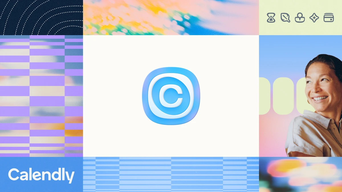 Calendly blue 'C' app icon with brand imagery and a portrait