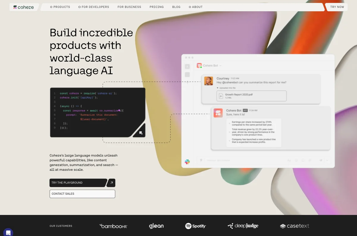 Cohere website hero with a product UI