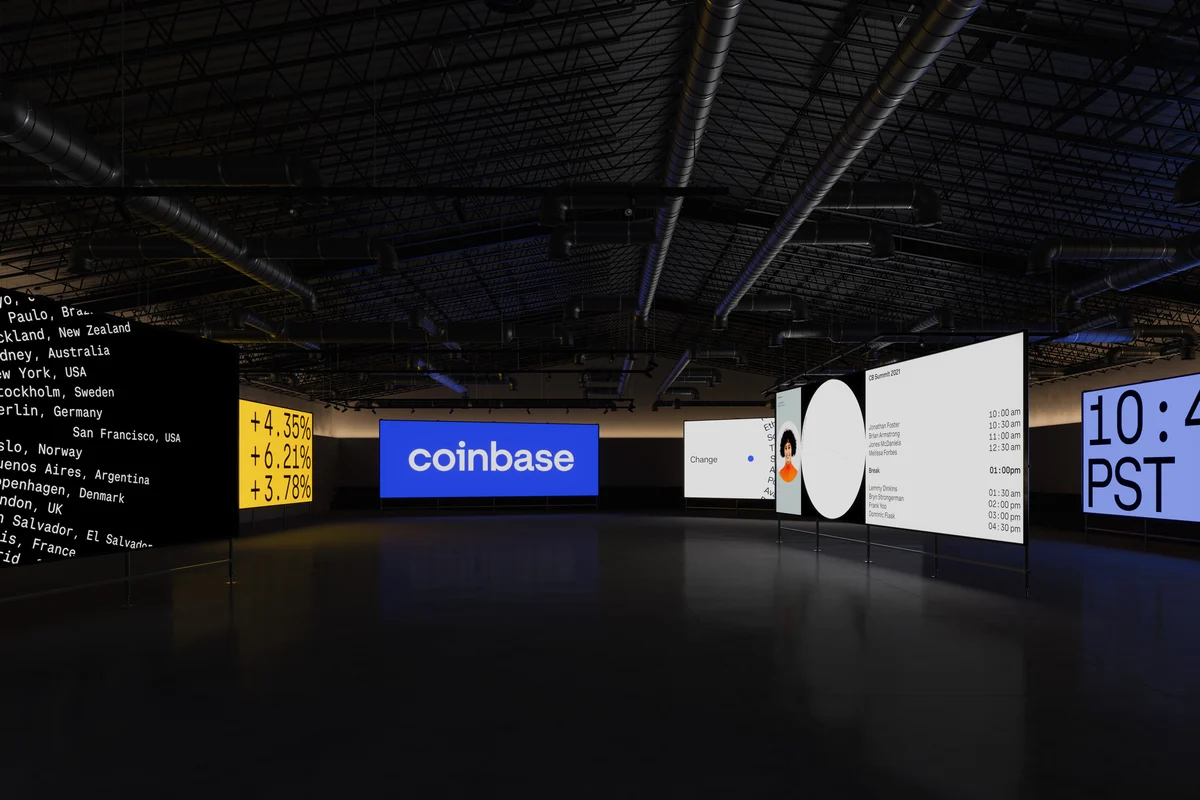 Coinbase event space with large screens