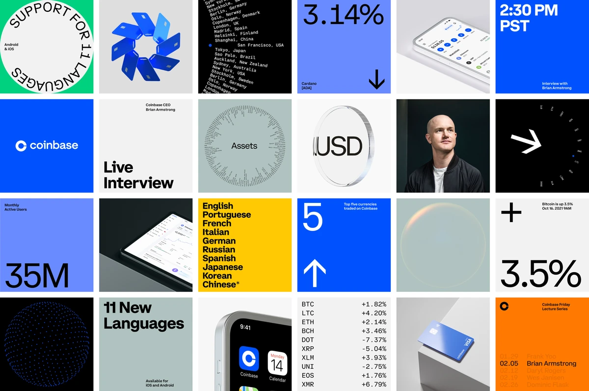 Coinbase brand system collage of numbers, icons and UI