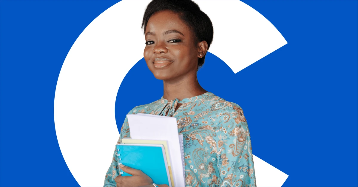 Coursera brand image: a student with books in front of the blue 'C' mark