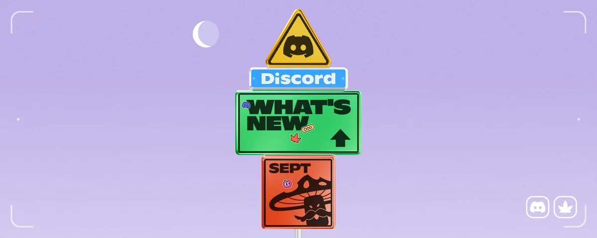Lavender 'What's New' sticker-style graphic featuring the Discord logo and a yellow Wumpus badge