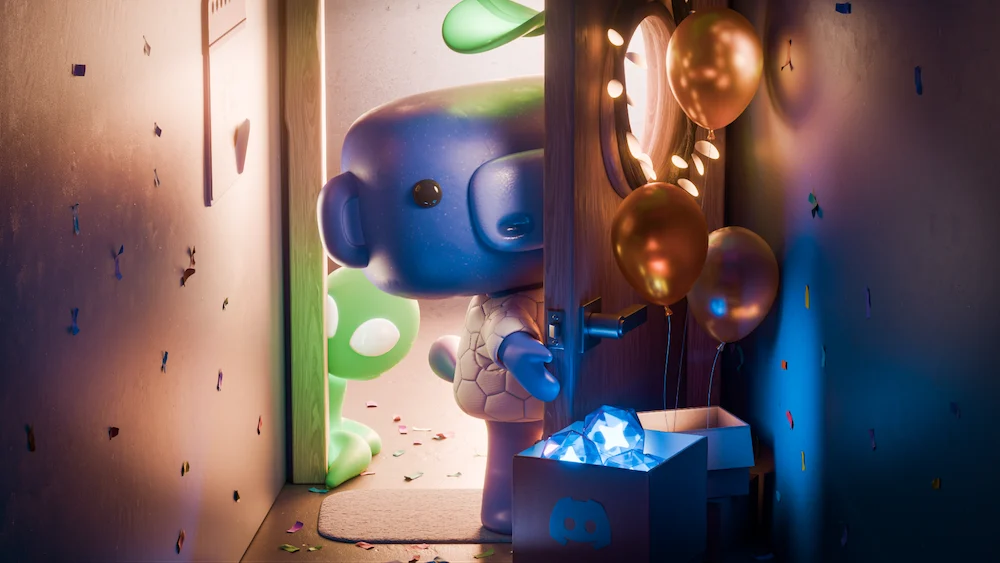 3D Wumpus character peeking around a dimly lit doorway with glowing blue light