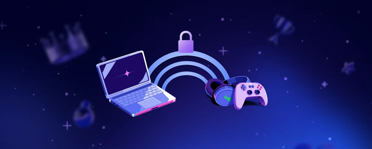 Illustration of a laptop, game controller and padlock linked by glowing arcs on a deep blue background