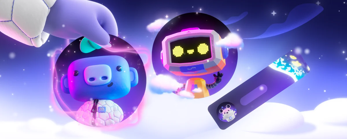3D Wumpus and a robot character floating in glossy bubbles against a purple gradient