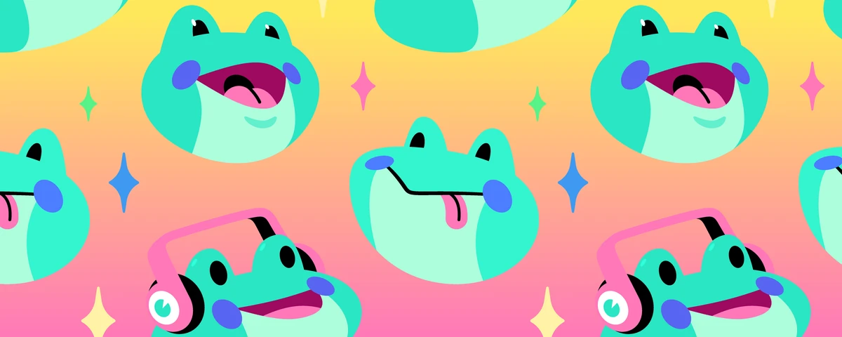 Repeating pattern of cartoon frog faces in pink, yellow and teal