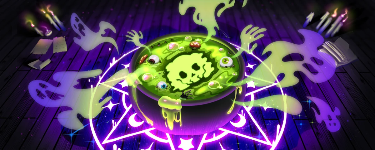 Discord illustration of a glowing green cauldron in a purple magical scene