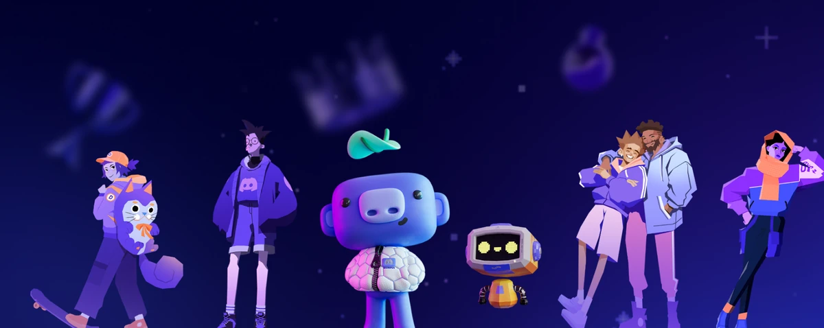 3D Discord characters and Wumpus gathered together on a deep blue background