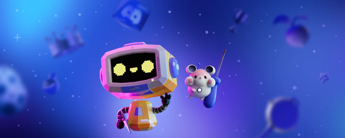 3D robot and Wumpus characters floating among purple shapes
