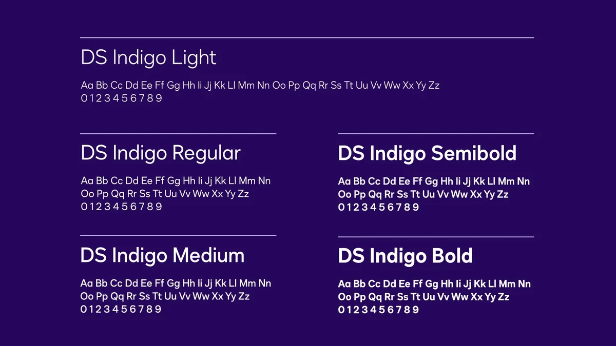 Gewichten van lettertype DS Indigo op paars