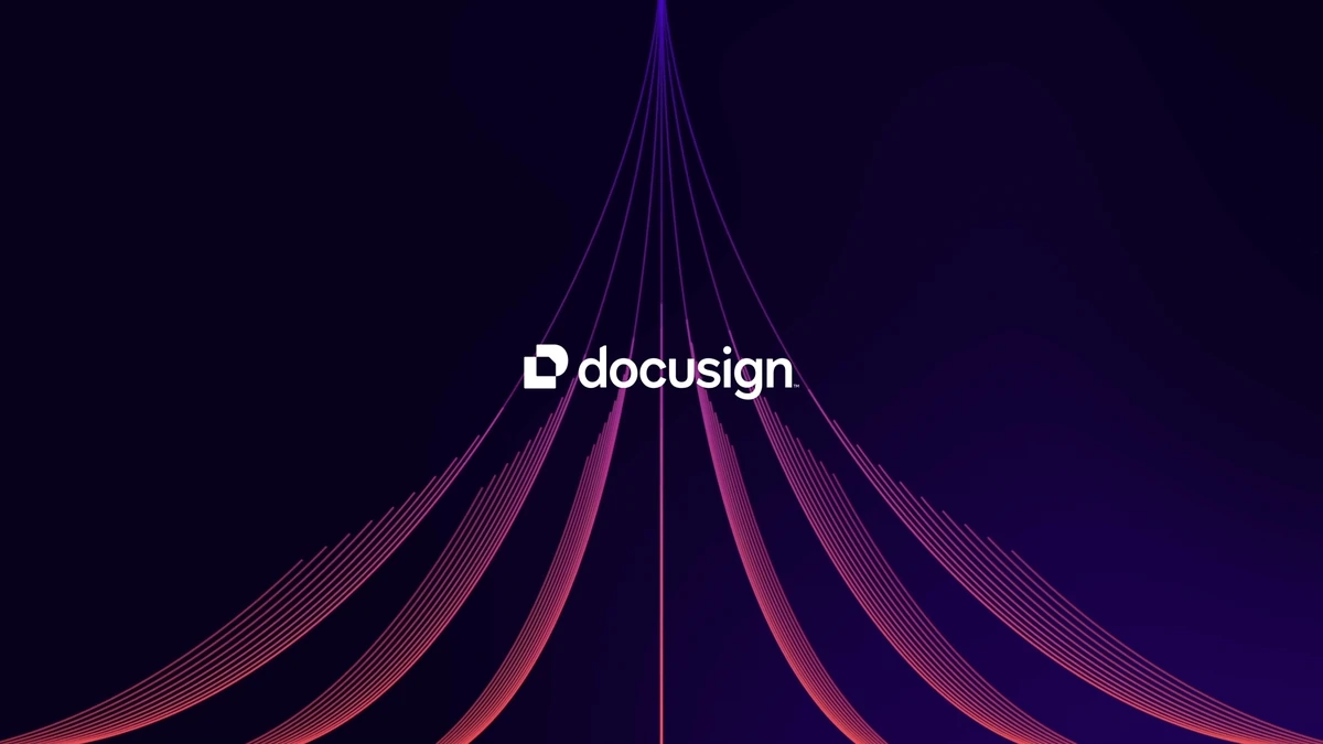 Docusign-logo met vloeiende paarse lijnen