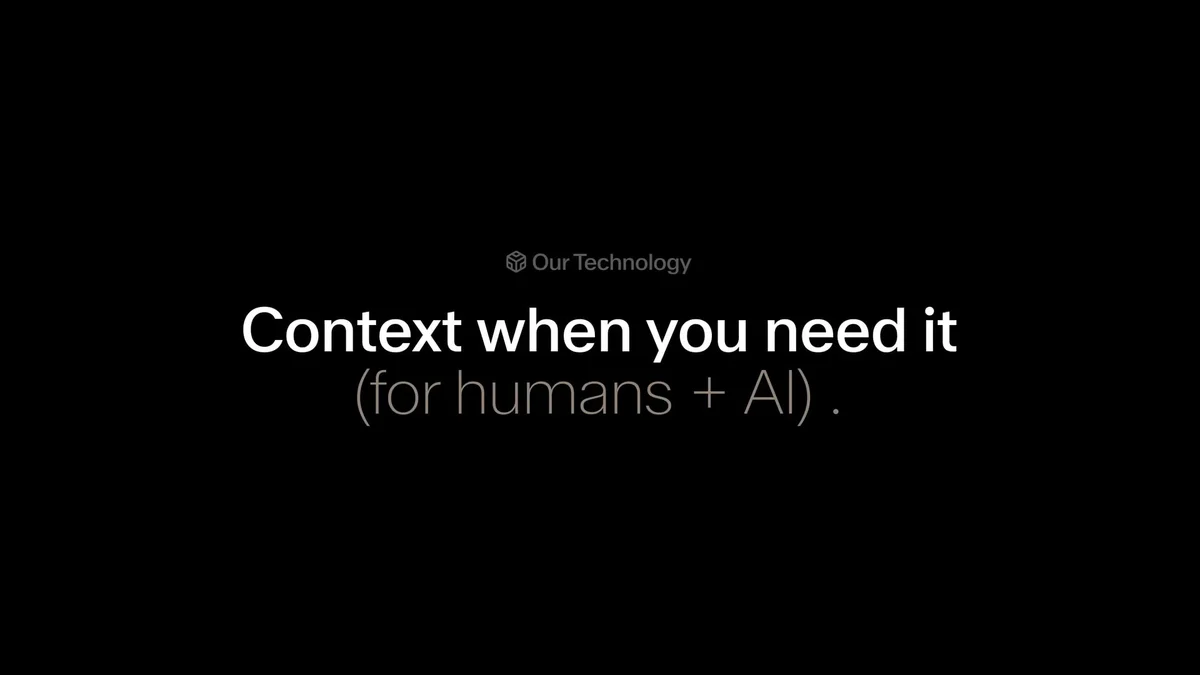 Slide 'Context when you need it (for humans + AI)' op zwart