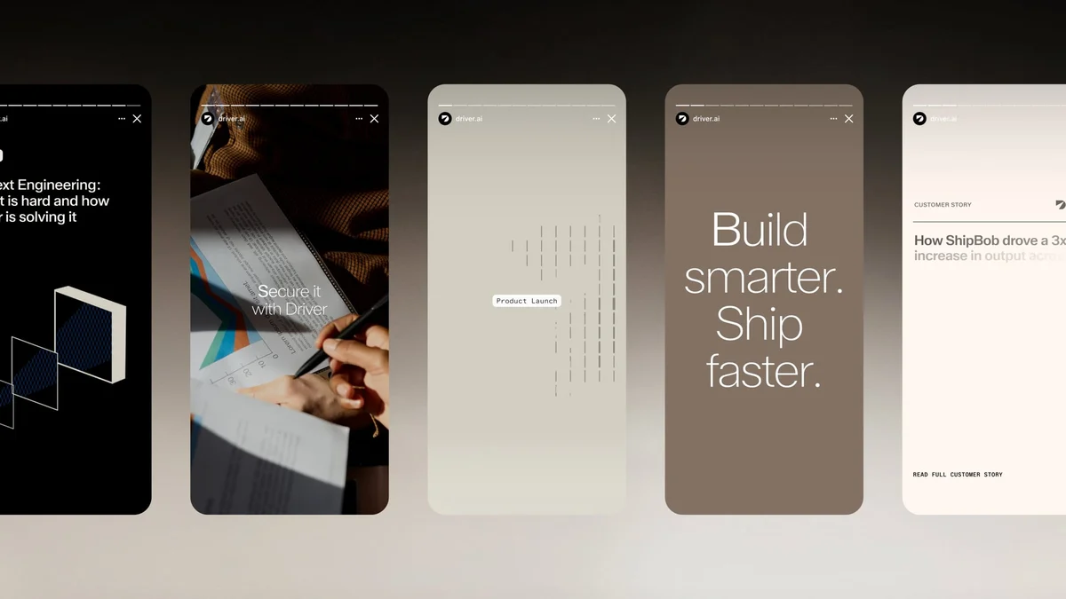 Mobiele Driver-schermen en een poster 'Build smarter. Ship faster.'