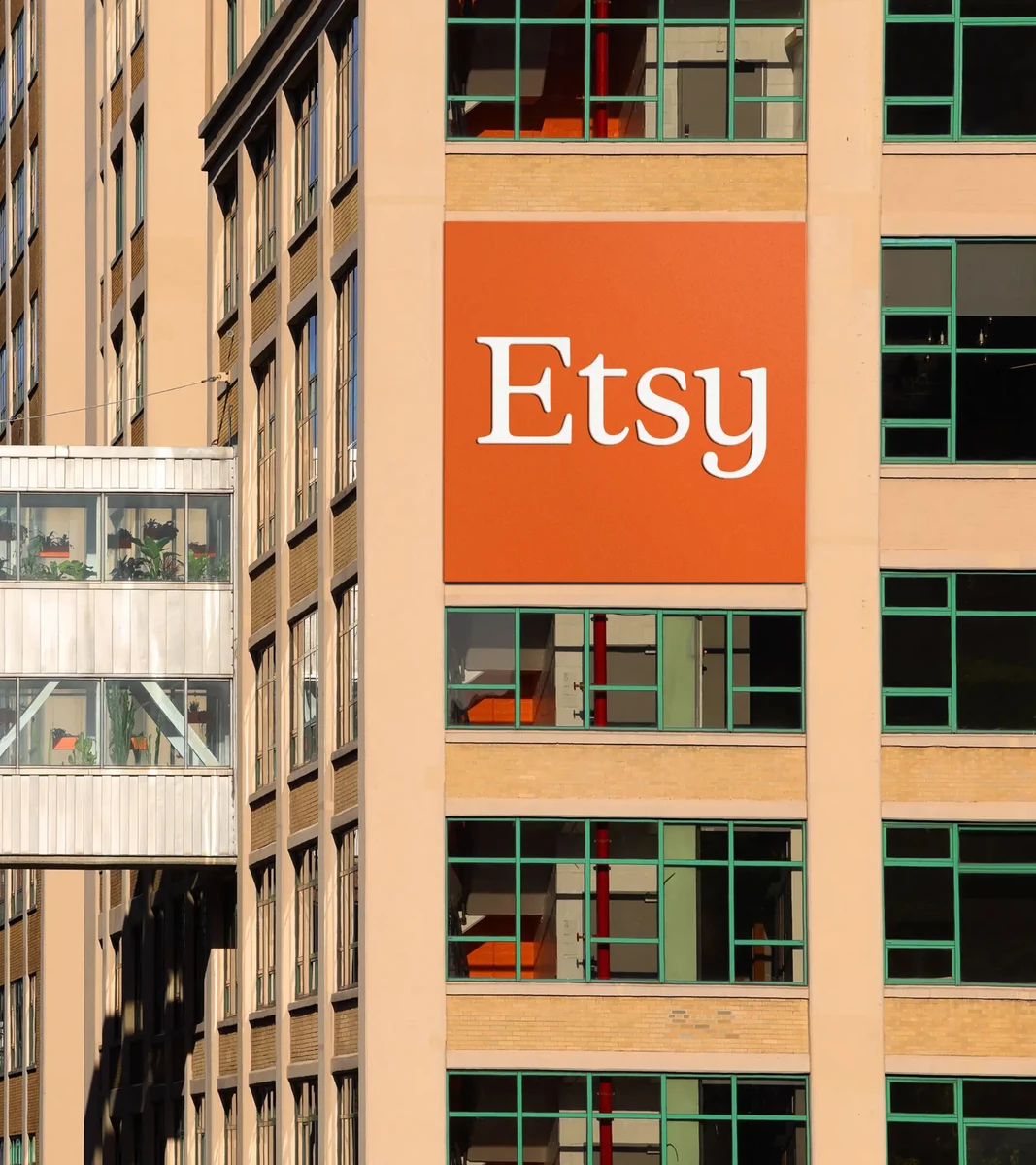 Etsy banner hanging from a building facade