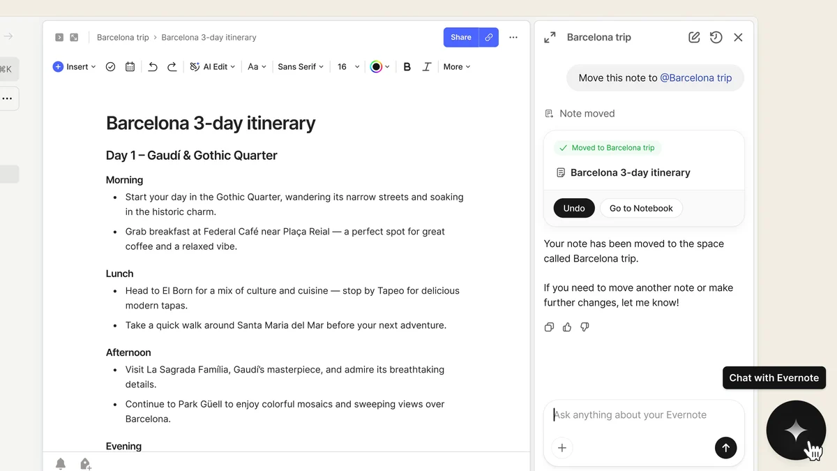 Notitie-editor van Evernote v11 met een reisschema voor Barcelona