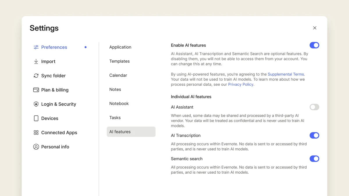 Evernote v11 settings screen
