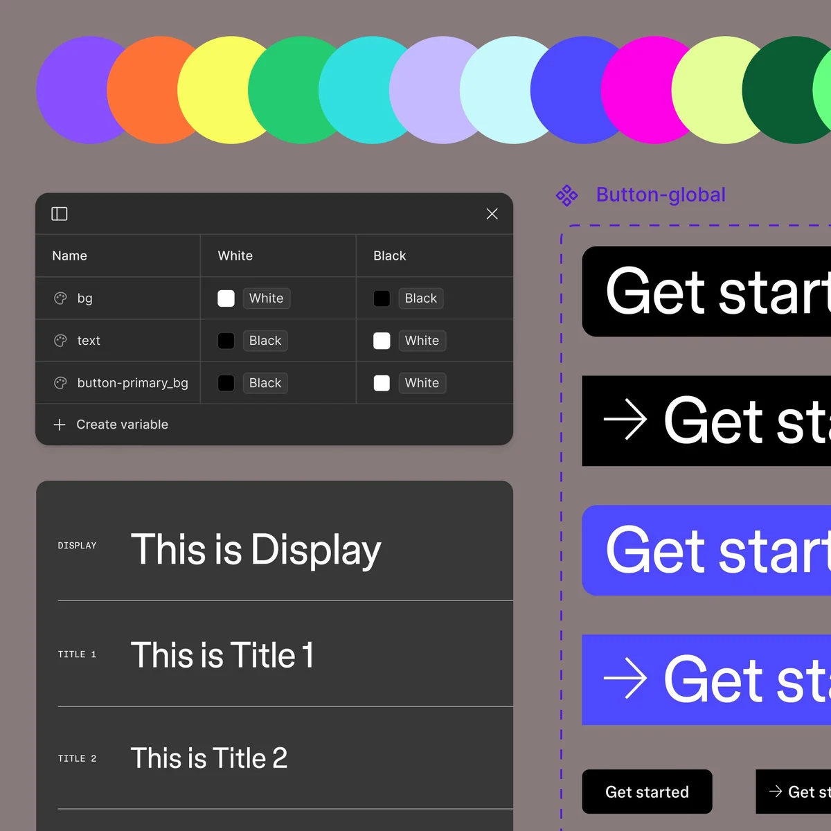 Figma UI components and colour chips on dark
