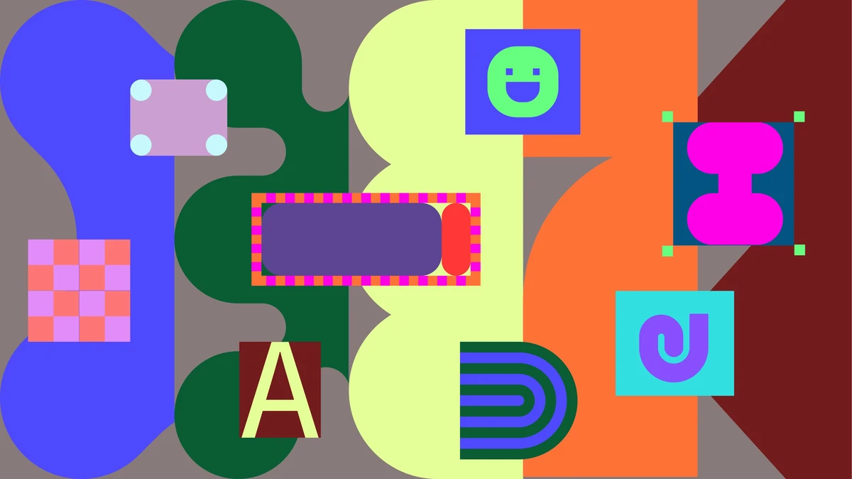 Figma brand graphics: shapes and glyphs in bright colour