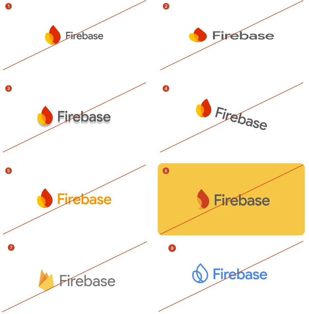 Firebase-logo's op kaarten in verschillende kleuren