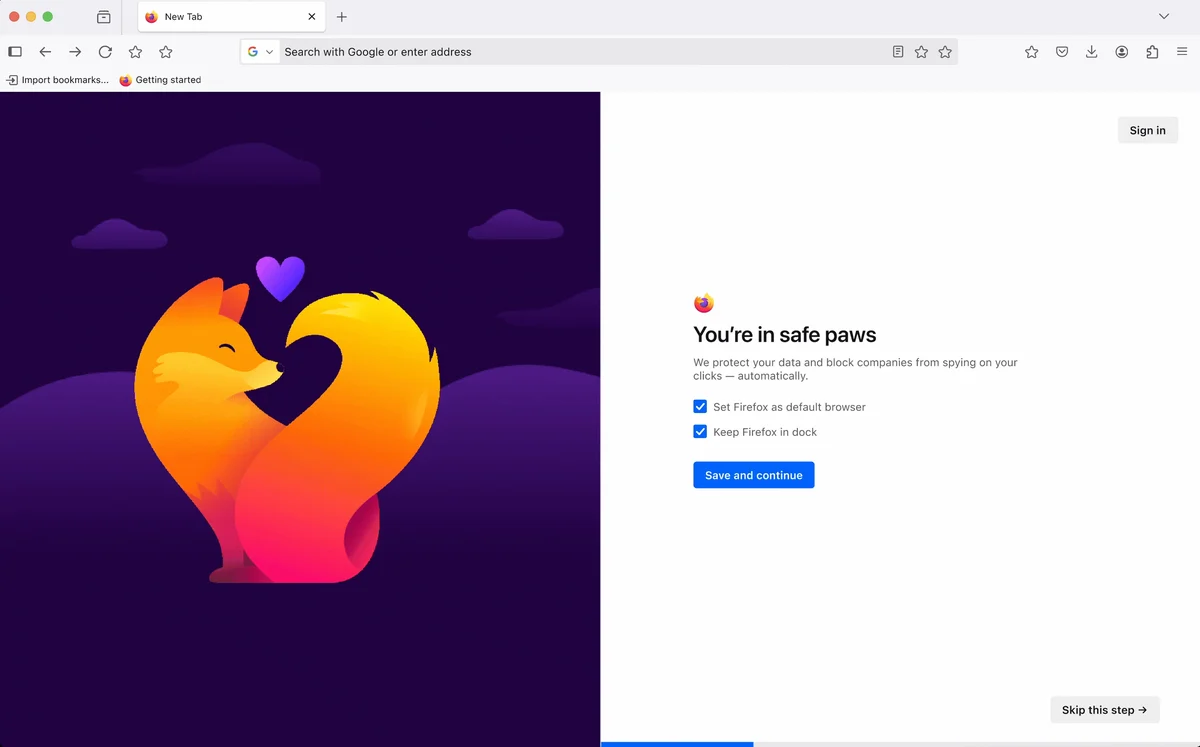 Firefox onboarding screen with the Firefox mascot curled into a heart beside a message about protecting your data and blocking companies from spying.